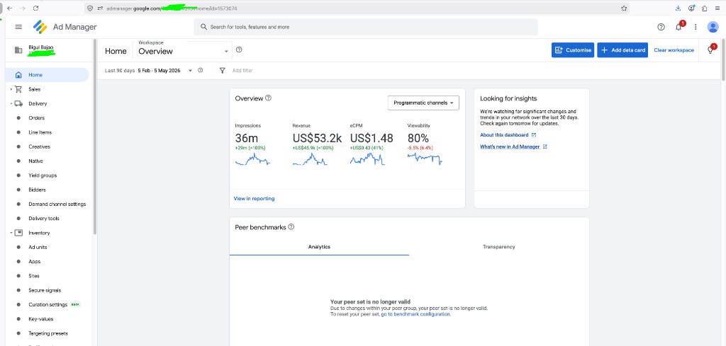 Google Ad Manager — Home overview: impressions, revenue, eCPM, and viewability.